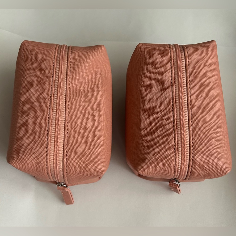 New 2 Cosmetic Bags TL +C Salmon Color PVC Outer 5 1/2” x 3 1/2” x 3 1/2”
